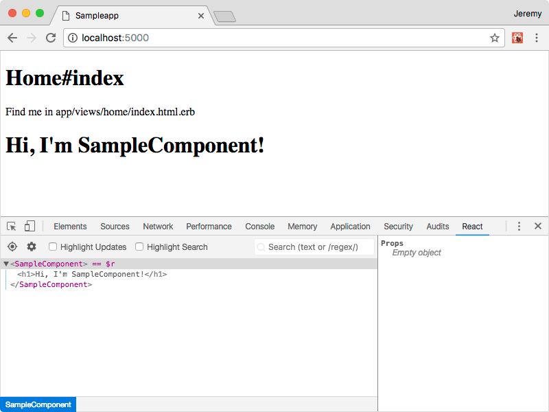 Screenshot of React component